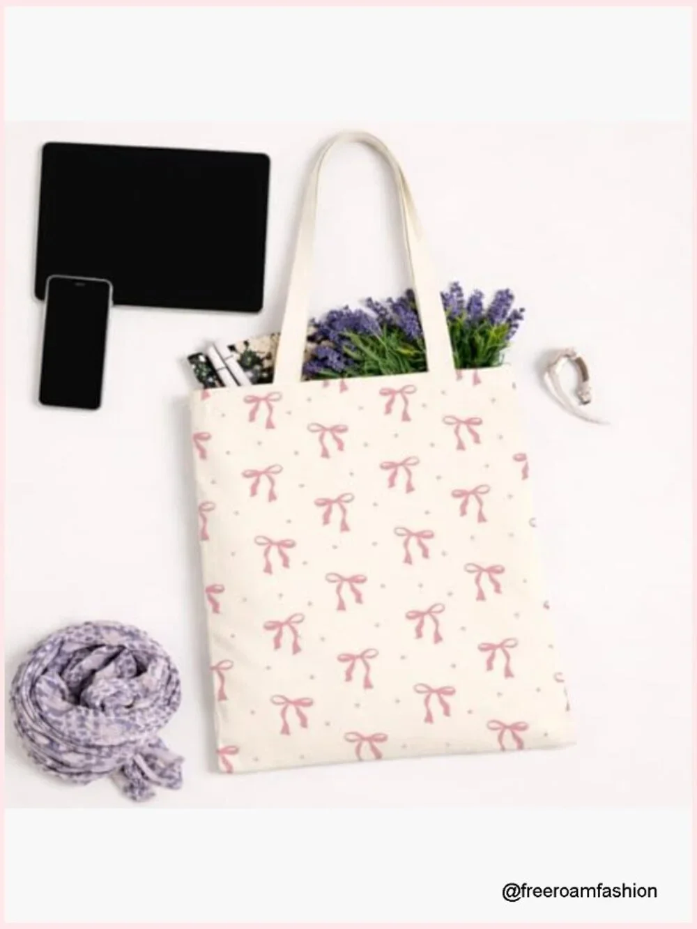 Canvas Tote Bag with Ribbon Bow, Lightweight Shoulder Bag for Shopping Travel